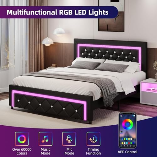 BarnFurin Queen Size Bed Frame with LED Lights, Upholstered Platform Bed with Diamond Tufted Headboard, No Box Spring Needed, Noise Free, Easy Assembly, Black BarnFurin