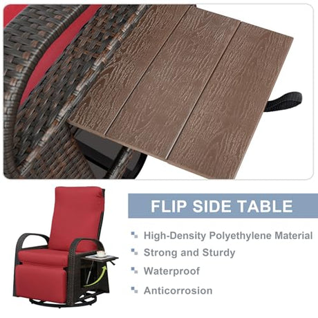 Skypatio Outdoor Patio Swivel Recliner Chair, Independently Adjustable Backrest and Footrest Patio Wicker Reclining Lounge Chair with Flip Side Table for Indoor, Balcony, Porch(Red) Skypatio