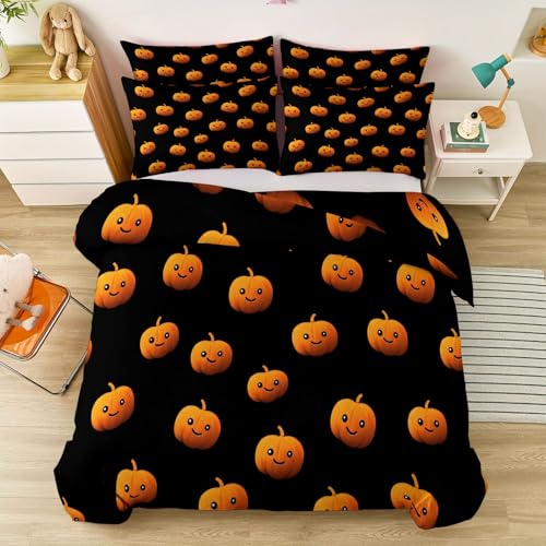 Aesthetic Duvet Cover Set Black - Single 3-Piece Double-Sided Printed Bedding with Minimalist Pumpkin Cartoon Design, Ultra-Soft Microfiber Quilt Cover with Zipper for a Calm Generic