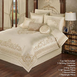 Versailles Luxury Bedding | Classic Neutral Pearl | Palace-Inspired French Style Golden Scrollwork Embroidery on Sateen | 7 Piece Set: Cal King Comforter, Bedskirt, 2 King Shams & 3 Decorative Pillow Touch of Class