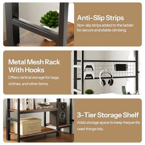 HOOBRO Twin Size Loft Bed with Ladder and Guardrail, Metal Bunk Bed with Desk, LED Lights and Charging Station for Teens, Adults, Space Saving, No Box Spring Needed, Black and Rustic Brown HOOBRO