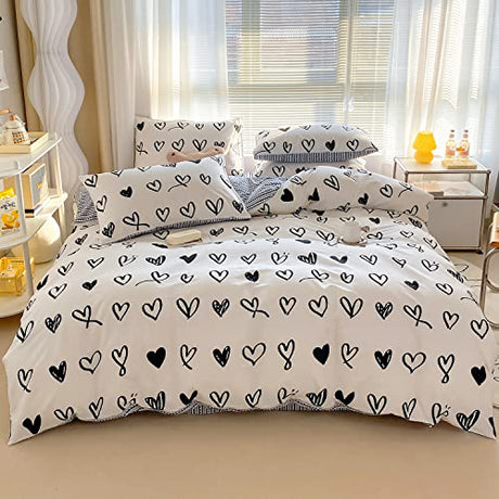 BlueBlue Hearts Kids Duvet Cover Set Twin 100% Cotton Bedding for Boys Girls Teens Single Bed Cartoon Kawaii Black White Heart Love Pattern 1 Cute Comforter Cover 2 Pillowcase (Twin) BlueBlue
