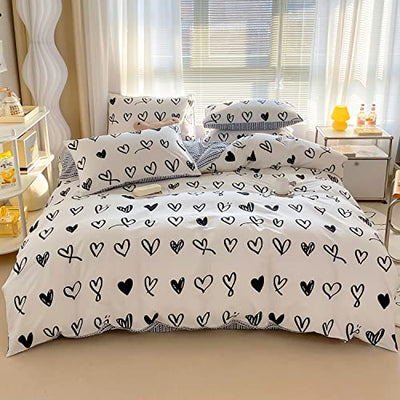 BlueBlue Hearts Kids Duvet Cover Set Twin 100% Cotton Bedding for Boys Girls Teens Single Bed Cartoon Kawaii Black White Heart Love Pattern 1 Cute Comforter Cover 2 Pillowcase (Twin)