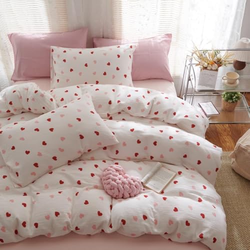 Bildenly Heart Comforter Set Full Size 3 Pieces Red Pink Heart Comforter Bedding Set for Girls Kids Cute Love Hearts Bed in A Bag Bedding with 2 Pillowcases for All Seasons Bildenly