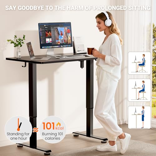 Veken 47.2" Standing Desk, Adjustable Height Office Desk with Wood Desktop, Computer Table for Home Work, Study and Gaming, Small Spaces, Modern Furniture, Black Veken
