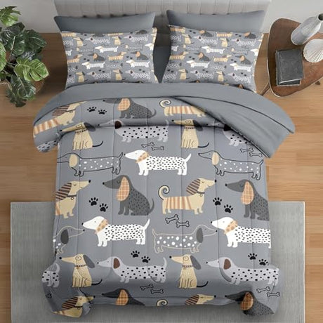 Pamnest Comforter Set King Size, Cute Dog 7 Pcs Bedding for Kids and Adults, Animal Nursery Pet Bed Sheet Sets with Fitted Sheet 2 Pillowcases & 2 Shams for Bedroom Bed Decor Pamnest