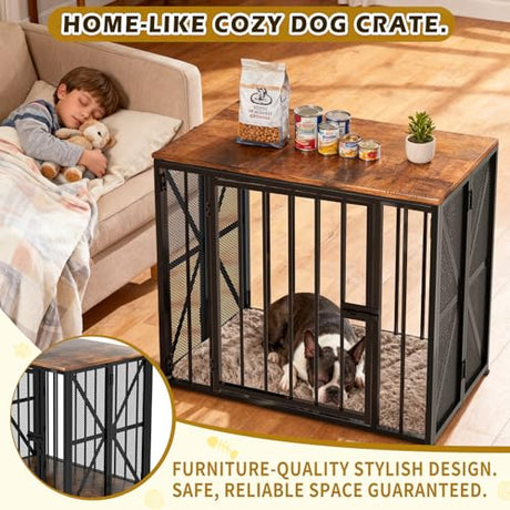 Dog Crate Furniture Foldable with Dog Bed Mat, 27" No Assembly Decorative Dog Kennel Indoor, Heavy Duty Small Collapsible Dog Crates for Small Dogs (Under 25 lb), Wooden Dog Cage TNELTUEB