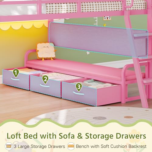 Dnxao Low Loft Bed Full Size with Desk,Full Bed Frame with 9 Storage Drawers, Kids Loft Bed with 15.8" H Safety Guardrail,Sofa,LED Lights & Charging Station,Spave Saving,Pink Dnxao
