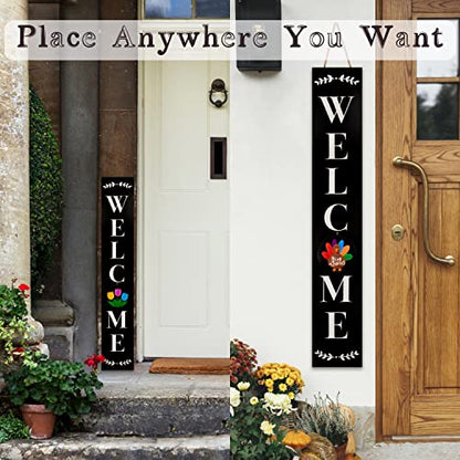 Monjita Welcome Sign for Front Porch Standing, Interchangeable Wooden Sign with 5 Designed Double-Sided Icons for Front Door, All Seasonal Farmhouse Rustic Modern Porch Decor for Fall Harvest