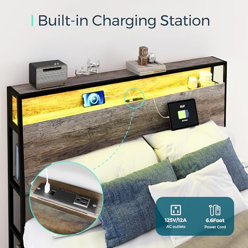 LINSY Ergonomic King Size Bed Frame with Storage Headboard, Charging Station & LED Lights LINSY