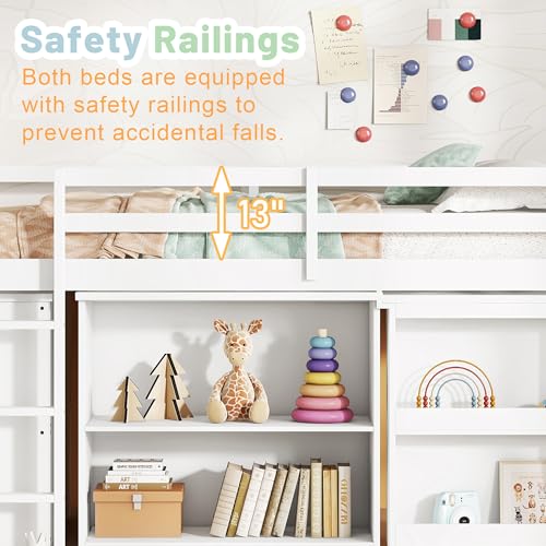 Low Loft Bed with Storage & Rolling Out Desk, Kids Twin Size Loft Beds with Bookcase & Drawers, Rubber Wood Junior Lofts Bed with Dresser/Shelves/Ladder/Guardrails for Boys Girls Teens, White Duxelifin