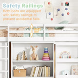 Low Loft Bed with Storage & Rolling Out Desk, Kids Twin Size Loft Beds with Bookcase & Drawers, Rubber Wood Junior Lofts Bed with Dresser/Shelves/Ladder/Guardrails for Boys Girls Teens, White Duxelifin