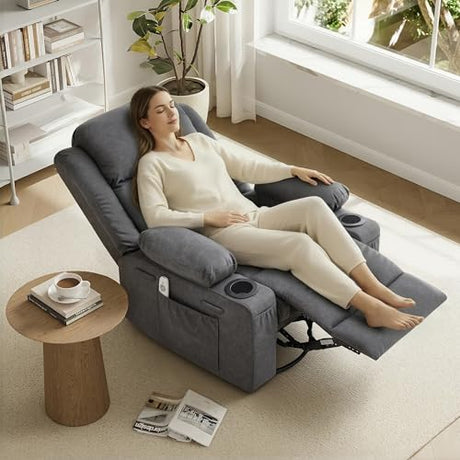 GAOHAPY Rocker Recliner Chair with Heat and Massage,360°Swivel Nursery Recliner Chair for Adults,Modern PU Leather Recliner Single Sofa Seat with 2 Cup Holders and Side Pocket (Grey) GAOHAPY