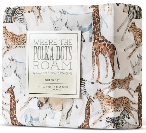 Where The Polka Dots Roam Safari Animals Full Bedsheet Set for Kids - Jungle Adventure Bedding for Explorers, Includes Fitted Sheet, Flat Sheet and Pillowcases - Wildlife Wonders Decor for Boys Room Where The Polka Dots Roam
