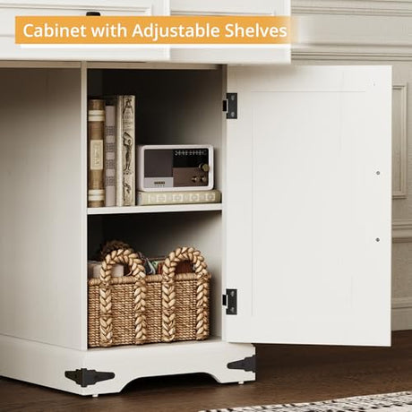 IRONCK 55'' Farmhouse Desk Home Office with Drawers, Wooden Computer Desk with Charging Station, File Drawers and Storage Cabinet, Executive Desk for Work, Study Writing, White IRONCK