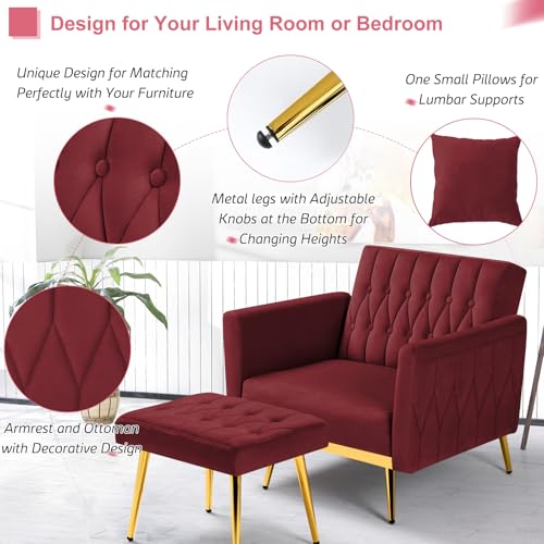 ACMEASE Velvet Accent Chair with Adjustable Armrests and Backrest, Button Tufted Lounge Chair, Single Recliner Armchair with Ottoman and Pillow for Living Room, Bedroom, Red