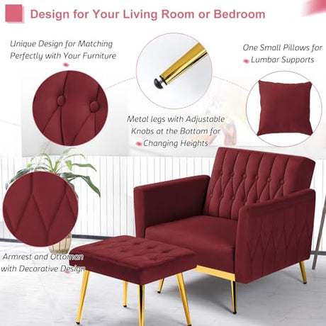 ACMEASE Velvet Accent Chair with Adjustable Armrests and Backrest, Button Tufted Lounge Chair, Single Recliner Armchair with Ottoman and Pillow for Living Room, Bedroom, Red ACMEASE