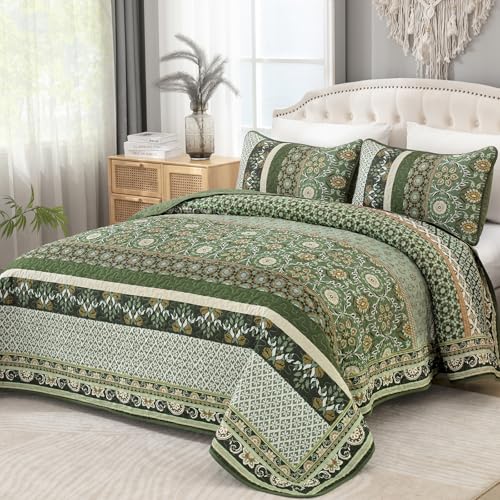 Yiran King Size Quilt, Olive Green Spring Summer Bedspread Bedding Set, 3 Pieces Bohemia Coverlet with 2 Pillow Shams for All Season 110x90 Inch