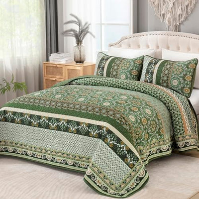 Yiran King Size Quilt, Olive Green Spring Summer Bedspread Bedding Set, 3 Pieces Bohemia Coverlet with 2 Pillow Shams for All Season 110x90 Inch