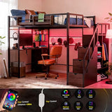 Full Size Loft Bed with Desk and Stairs, Headboard, Wardrobe, Bedside Storage Shelf, 6 Drawers, Charging Station & LED Light, Metal Gaming Loft Bed Frame for Adult Space-Saving, Black & Walnut Kikihouse