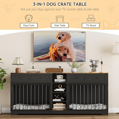 GarveeHome 82" Double Dog Crate Furniture, Large Dog Kennel Indoor for 2 Dogs, Heavy Duty Wooden Dog Crate TV Stand with 4 Drawers and Shelves, Black GarveeHome