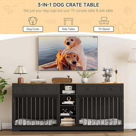 GarveeHome 82" Double Dog Crate Furniture, Large Dog Kennel Indoor for 2 Dogs, Heavy Duty Wooden Dog Crate TV Stand with 4 Drawers and Shelves, Black GarveeHome