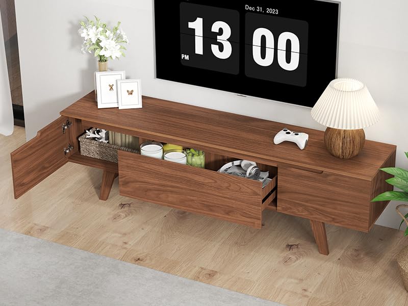 ANJ Mid Century TV Stand, Modern Long TV Console for 80 inch TV, Entertainment Center with Ample Large Storage Cabinet, Wooden Television Furniture for Living Room (Walnut 70") ANJ