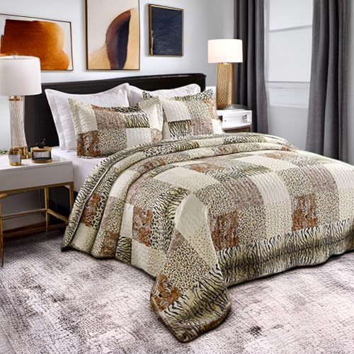 MarCielo 3 Piece Quilted Bedspread Leopard Print Quilt Quilt Set Bedding Throw Blanket Coverlet Animal Print Bedspread Ensemble Cheetah King Oversize(Cal King) MarCielo
