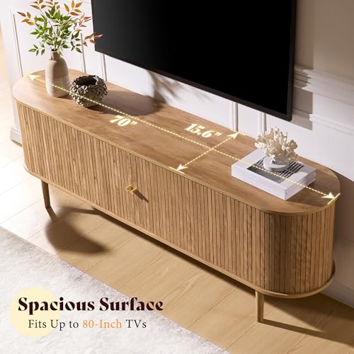 AMERLIFE 70" Mid-Century Modern TV Stand, TV Console Table for TVs up to 80 Inch, Fluted Wood Media Console with Storage, Solid Wood Legs, Natural Oak AMERLIFE