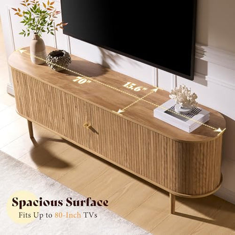 AMERLIFE 70" Mid-Century Modern TV Stand, TV Console Table for TVs up to 80 Inch, Fluted Wood Media Console with Storage, Solid Wood Legs, Natural Oak AMERLIFE