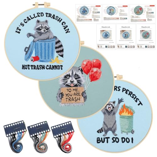 Mindsoft 3 Sets Raccoon Embroidery Kit with Embroidery Hoop Easy Pattern Needlepoint Kit for Beginners and Adults Hand Crafts Needlepoint Set with Needles Thread and Instruction
