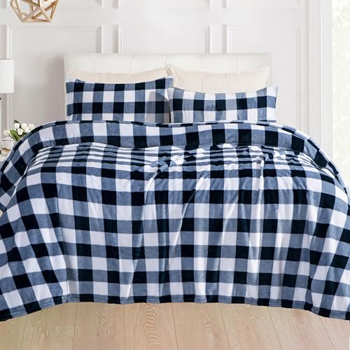 Elegant Comfort Luxuriously Soft 4-Piece Velvet Plush Flannel Sheet Set - Premium Quality - Cozy Warm, Anti-Static, Non Pilling Fuzzy Velvet Flannel Fleece Deep Pocket Sheet Set-Twin XL, Buffalo Navy Elegant Comfort