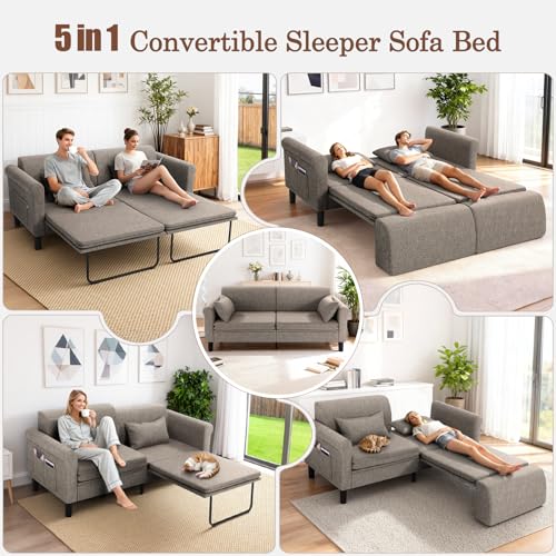 SEJOV 74" Convertible Sofa Bed, 5-in-1 Loveseat Sleeper Sofas with Pull Out Couch Bed, Storage Pockets & 2 Pillows, Modern Folding Linen Futon Couch for Living Room, Bedroom, Small Space, Brown SEJOV