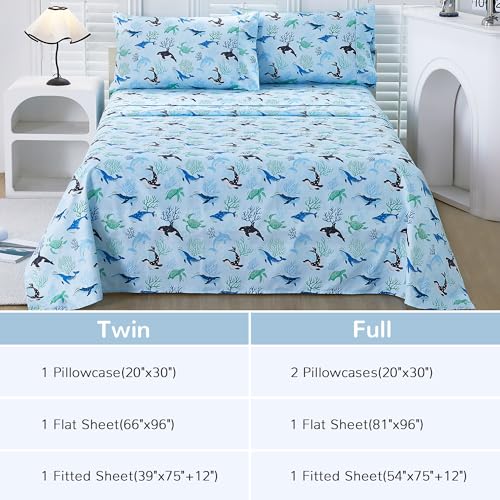 Viviland 3 Pieces Boys Blue Ocean Twin Sheet Set - Soft Microfiber Fitted Flat Sheets & Pillowcase - Blue Ocean Whales, Sea Turtles, Marine Organisms Bedding Sets - for Kids & Toddlers Viviland