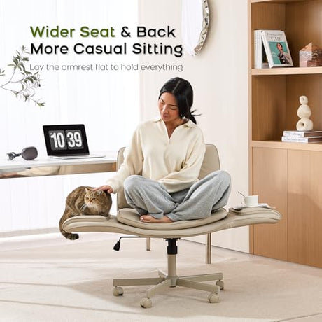 amseatec Criss Cross Chair with Armrests & Wheels, PU Leather Vanity Chair, Comfortable Adjustable Swivel Computer Office Desk Chairs for Home, Make Up, Bed Room (Cream) amseatec