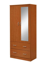 HODEDAH 2 Door Wood Wardrobe Bedroom Closet with Clothing Rod Inside Cabinet, 2 Drawers for Storage and Mirror, Cherry Hodedah