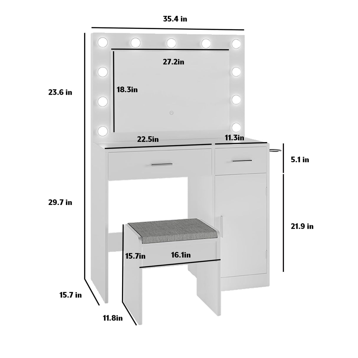Viaozutis Vanity, Vanity Desk with Mirror, Large Drawer and Power Socket with 11 Light Bulbs and 3 Adjustable Lighting Modes, Vanity Table Ideal for Bedroom (White) Viaozutis