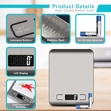 Food Scale Kitchen-Scale 11lb/5kg Food Scale for Kitchen Stainless Steel LCD Display Tare Function (g/oz/ml) for Meal Prep Coffee (Batteries Included) SEAUMOON