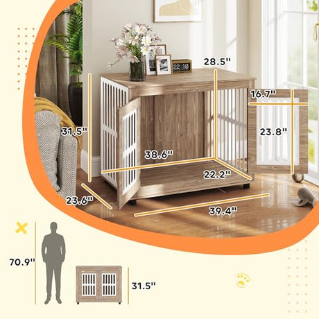 PawHut Dog Crate Furniture, 39" Dog Kennel Side Table with 2 Doors, Adjustable Non-Slip Foot Mats, Decorative Pet Cage for Large Dogs, Walnut Brown PawHut