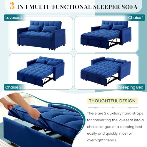 Antetek 3 in 1 Convertible Sleeper Sofa Bed, Modern Velvet Loveseat Futon Couch w/Pullout Bed, Small Love Seat Lounge Sofa w/Reclining Backrest, Toss Pillows, Pockets, Furniture for Living Room, Blue Antetek
