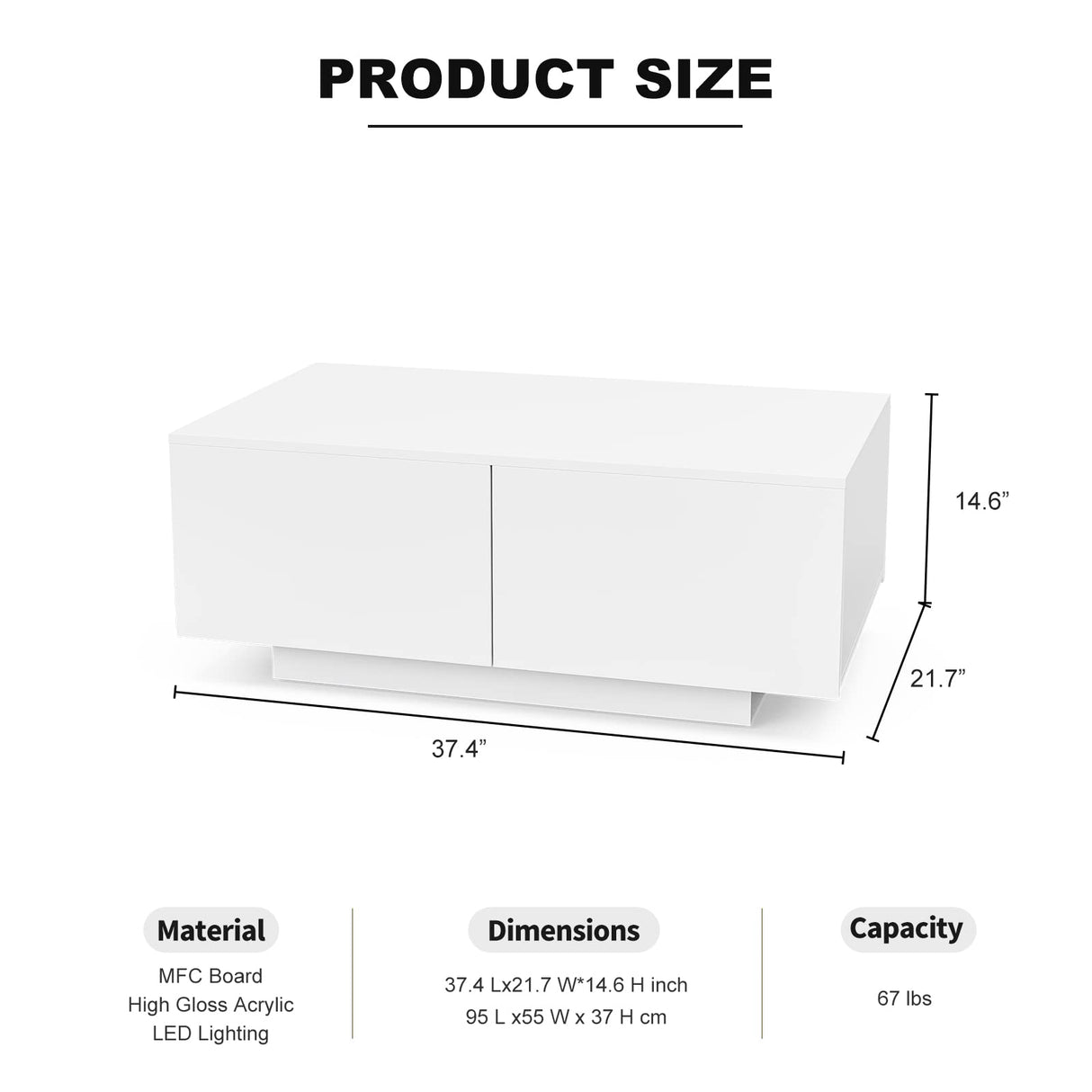 IKIFLY Modern White LED Coffee Table w/4 Drawers, High Glossy Center Table with 16 Colors LED Lights for Home Living Room IKIFLY