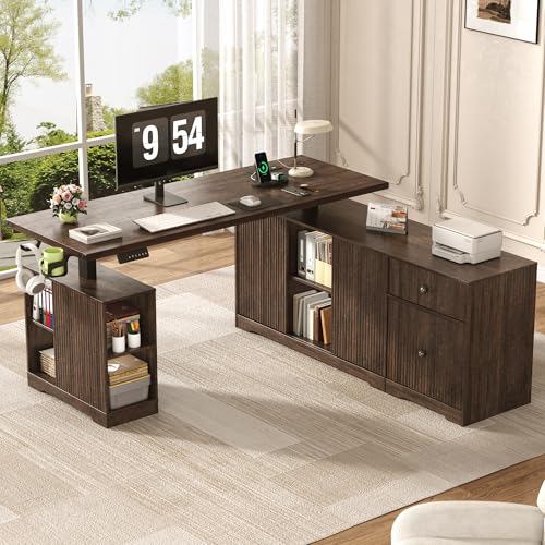 63" L-Shaped Electric Standing Desk, Executive Standing Desk with File Cabinet, Height Adjustable Sit Stand Desk with Storage Shelves & Drawers, Corner Computer Desk with Power Outlet, Brown Squireewo