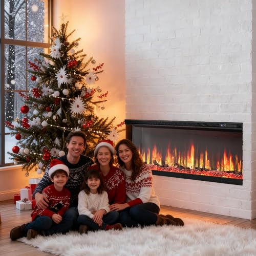 3 Sided Electric Fireplace, 50" Smart WiFi Fire Place Mount/Built-in, 12 Realistic Flame Colors, 5 Color Brightness, 1500W with Timer Remote Control, Log, Crystals JINJUNYE
