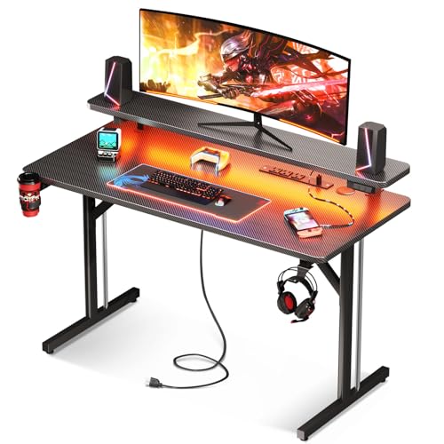 MOTPK Small Gaming Desk with LED Lights & Power Outlets, 39 Inch Computer Desk Gaming Table with Monitor Shelf, Gamer Desk with Carbon Fiber Texture, Kids Boys Desk Gift for Men - WoodArtSupply