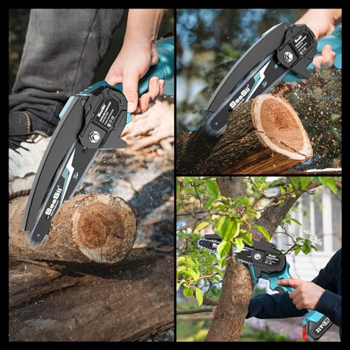 Seesii Mini Chainsaw Cordless 6-inch, Handheld Electric Power Chain Saw with 2 Batteries, for Tree Trimming Wood Cutting, Best Gifts for Dad, Husband Seesii