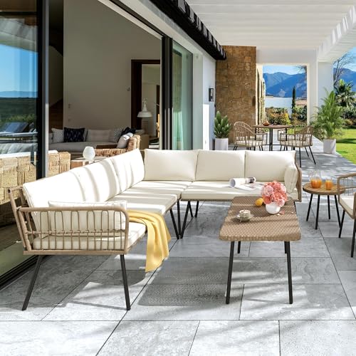 YITAHOME 4 Pieces Patio Furniture Set, Outdoor Rattan Woven Conversation Sectional L-Shaped Sofa with 5 Seater for Backyard, Porch, Boho Detachable Lounger with Cushions and Side Table - Beige YITAHOME