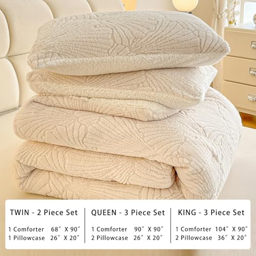 tohrisa Seashell Jacquard Sherpa Comforter Set Warm Cozy Premium Bedding 2 Pieces, Twin Size Geometric Pattern Quilt Comforter with 1 Pillowcases(68"X90" Ivory White) tohrisa