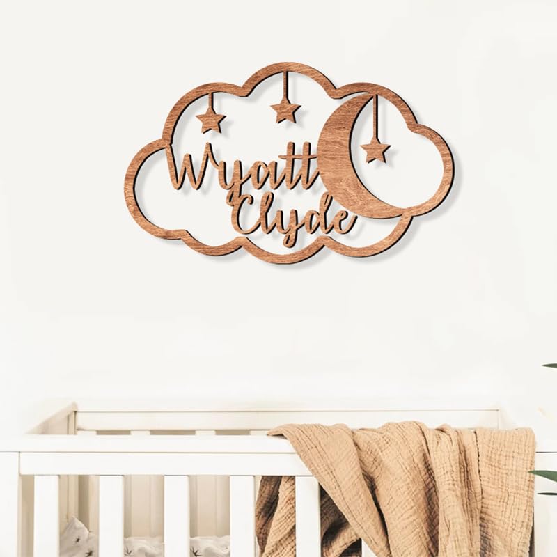 Custom baby name signs for nursery, Moon and clouds nursery wood sign, Boho nursery decor, Stars and moon nursery decor, Name sign for nursery, - WoodArtSupply