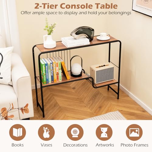 Giantex 2-Tier Console Table, 35.5" Narrow Entryway Table w/Irregular Storage Shelves & Metal Frame, Adjustable Foot Pads, Industrial Long Sofa Side Table for Hallway, Living Room, Foyer, Bedroom Giantex