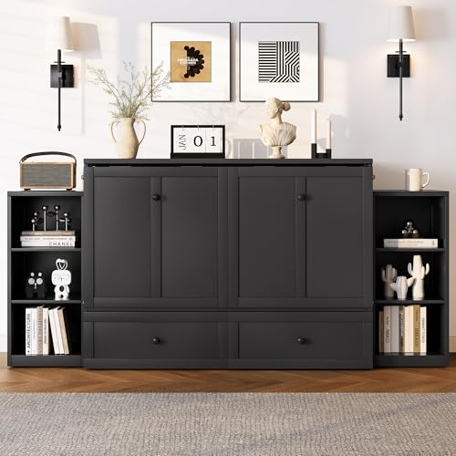 KEIKI Full Size Murphy Bed Chest, Folding Cabinet Wall Bed Frame with Storage Drawers & Shelves, Space Saving Hideaway Cabinets Beds Frames for Apartment Bedroom Guest Room, Wood Slat Support, Gray KEIKI